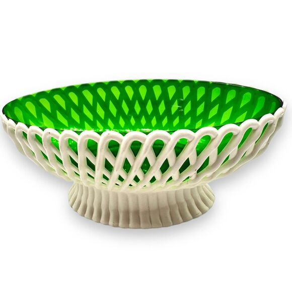 Vintage Regaline Footed Bowl Plastic Latticed Lace Green Insert MCM kitsch Decor - Picture 1 of 7